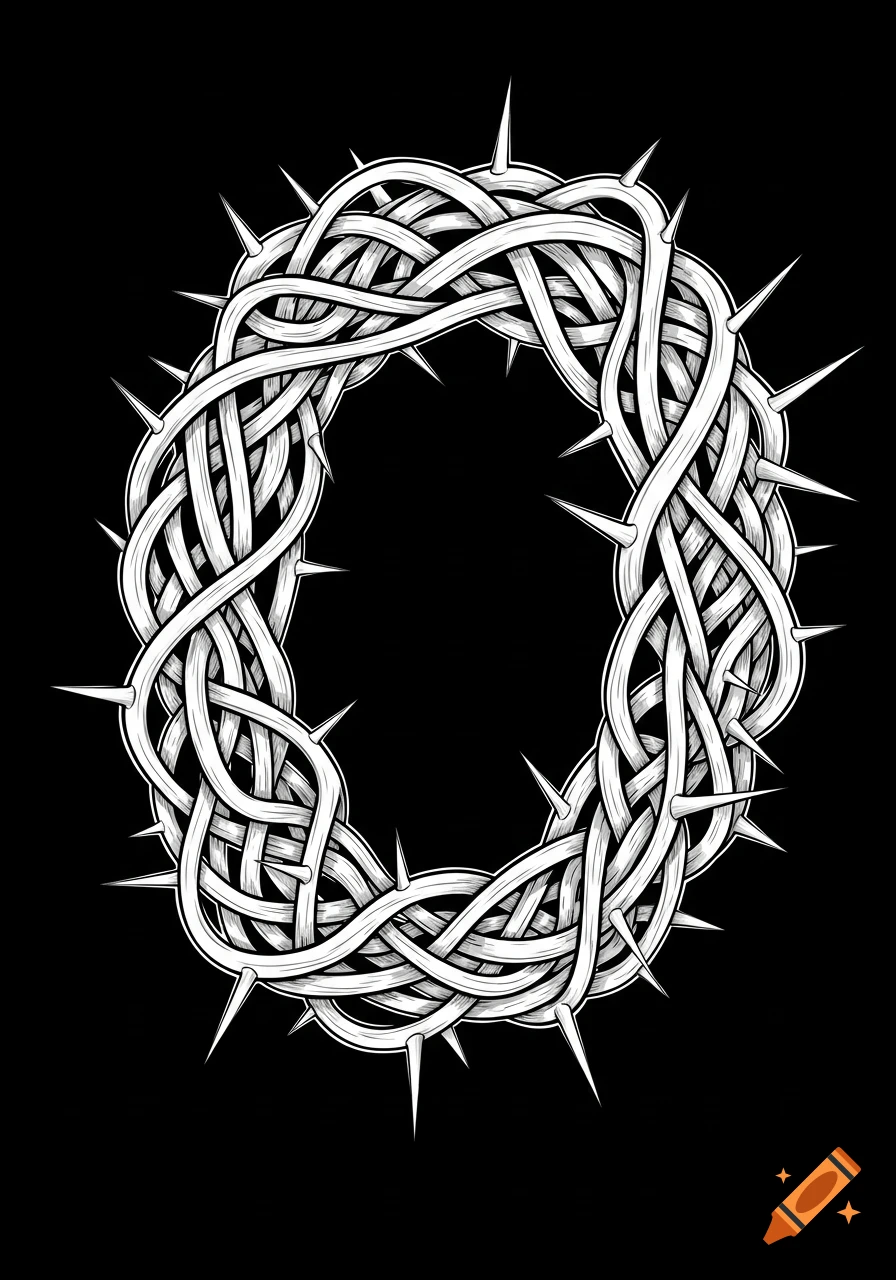 A stylized white crown of thorns, intricately interwoven thorny branches on a solid black background in a graphic art style.