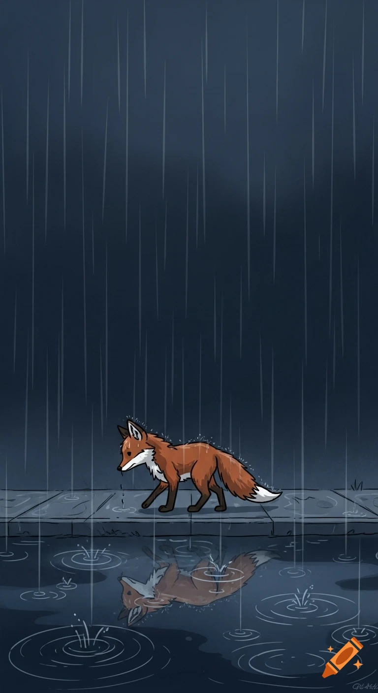Cartoon illustration of a lonely fox walking through the heavy rain at night, with its reflection visible in a puddle.