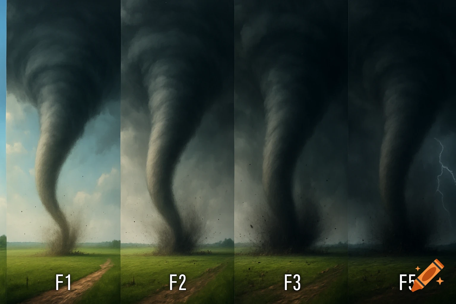 Four powerful tornadoes, each labeled F1, F2, F3, and F5 respectively, sweep across green fields under dark, stormy skies with occasional lightning.