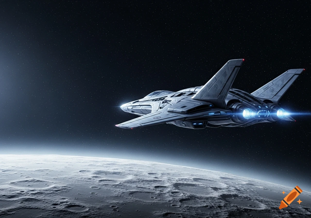A sleek grey futuristic spaceship with glowing blue engines flying above a cratered moon in dark space with stars.