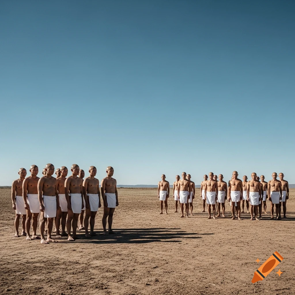 Bald men in white loincloths stand in two groups on a barren desert under a clear blue sky.