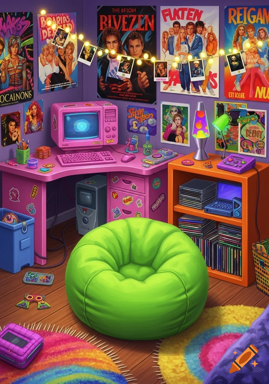 A vibrant 2000s-themed room with a pink desk, computer, keyboard, mouse ...