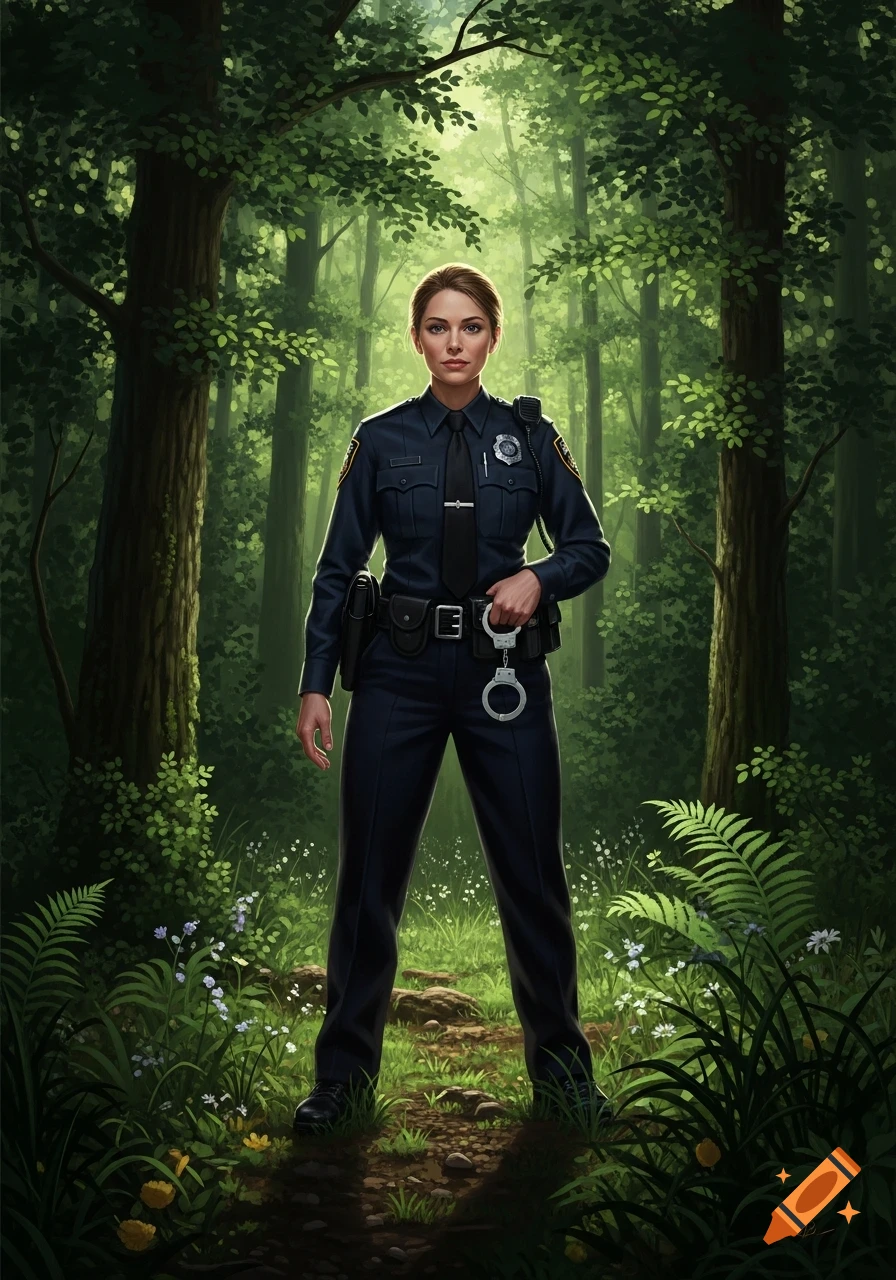 A digital painting of a female police officer in uniform, standing on a forest path and holding handcuffs.