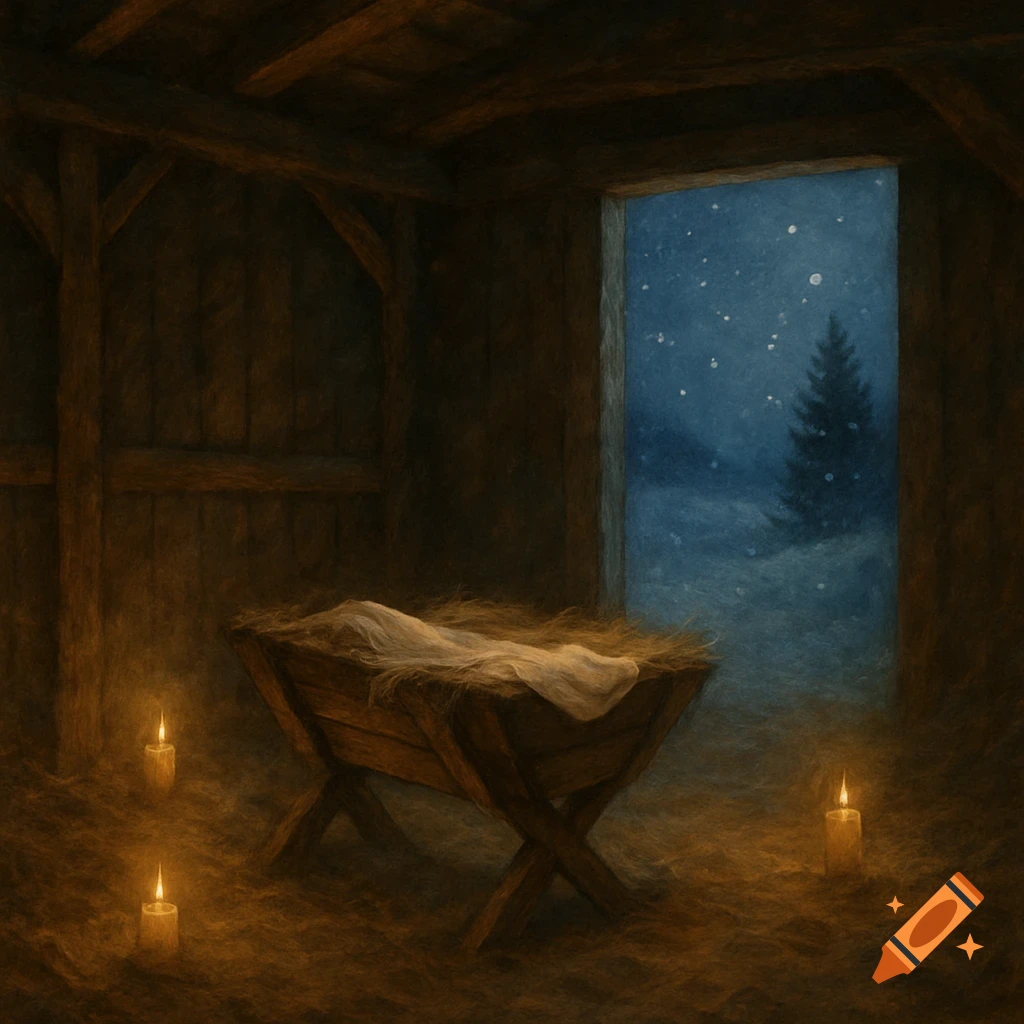 A painterly scene of a wooden manger with hay and cloth inside a rustic barn, lit by candles, with a snowy winter night outside.
