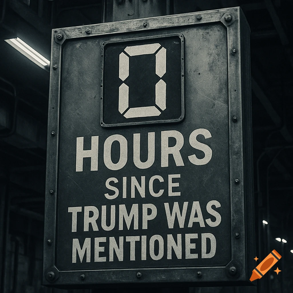 A dark, industrial sign with a digital '0' and text '0 HOURS SINCE TRUMP WAS MENTIONED'.