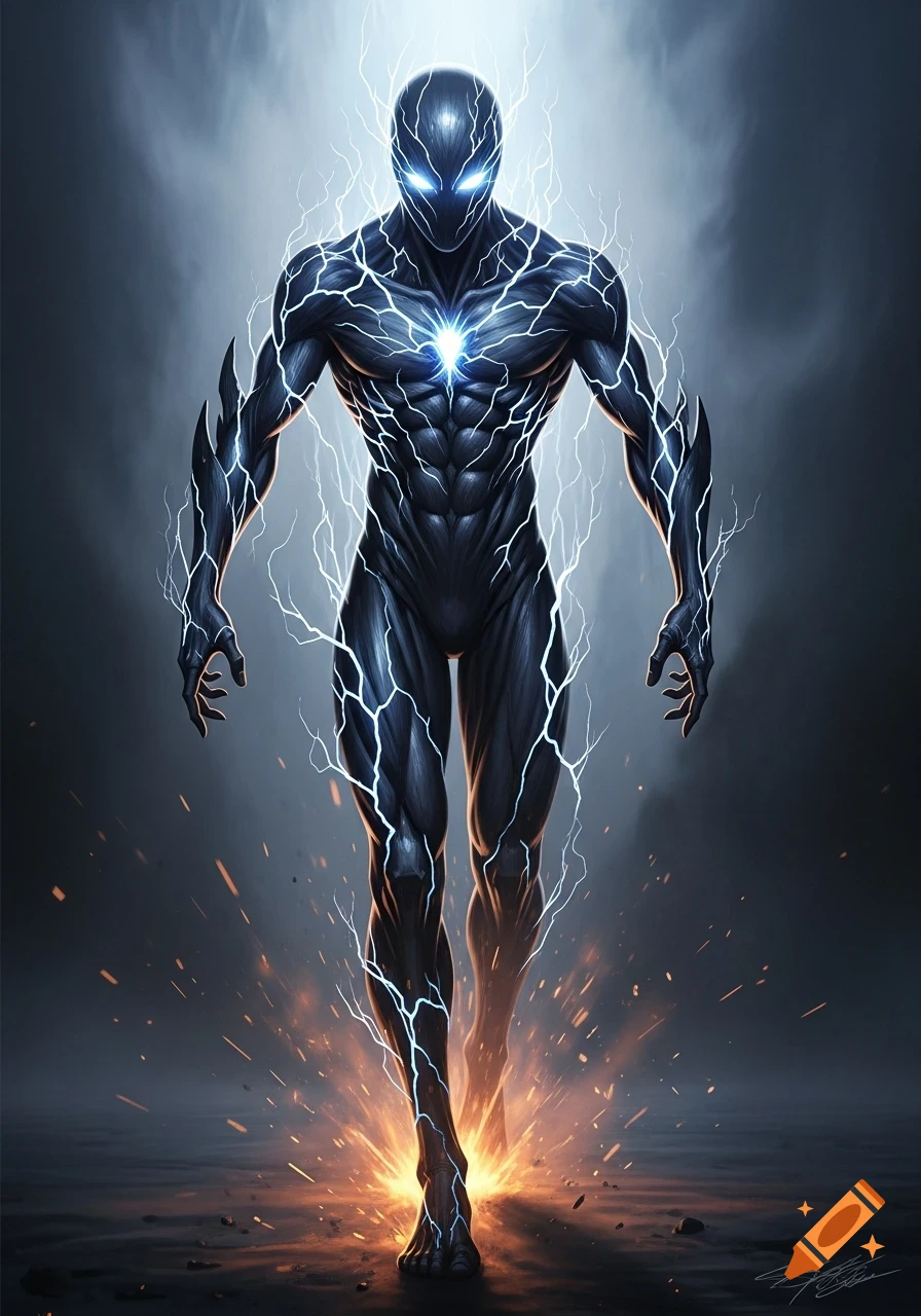 A powerful dark humanoid figure crackling with blue lightning, glowing ...