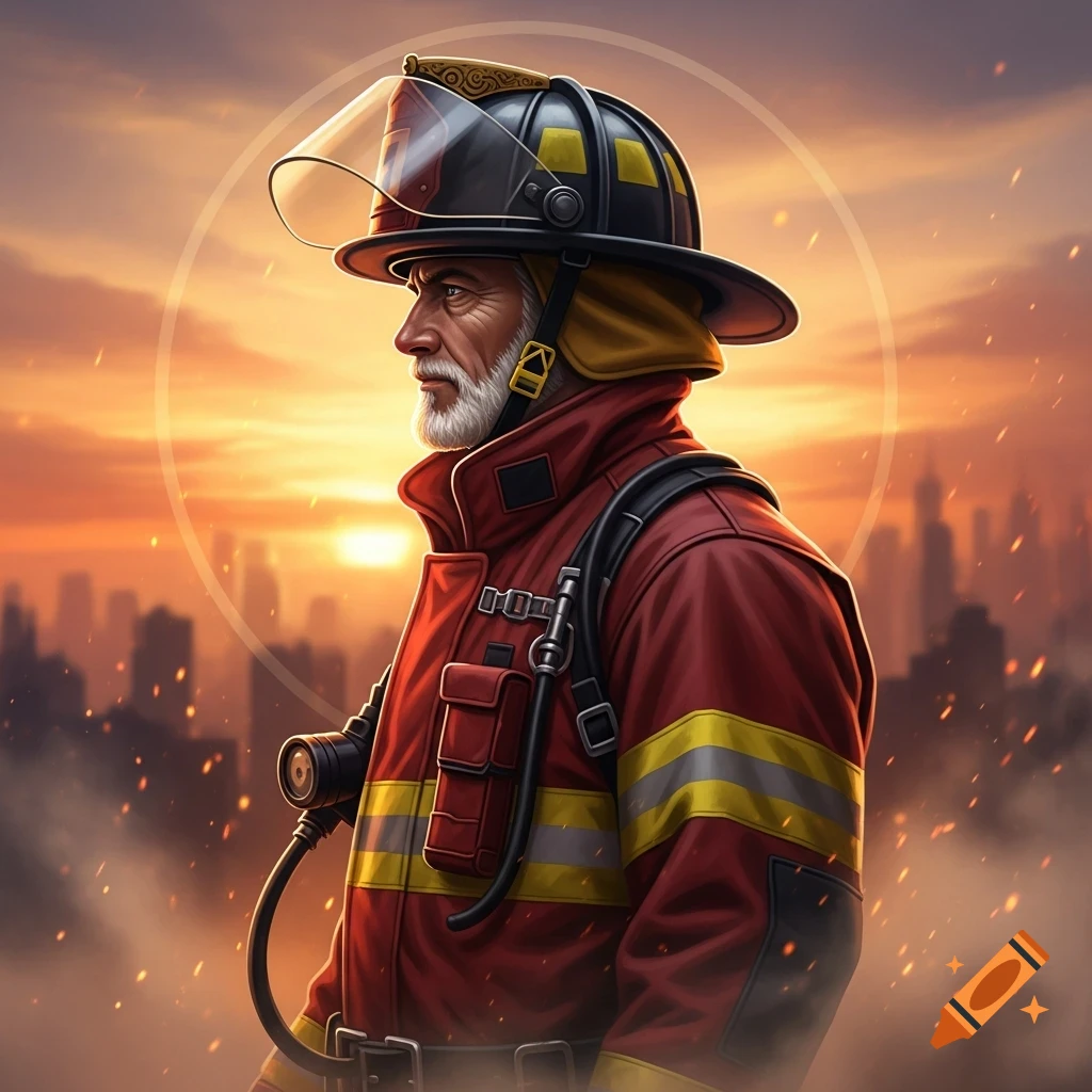 Bearded male firefighter in red uniform and helmet, looking left against a smoky city sunset, digital art.