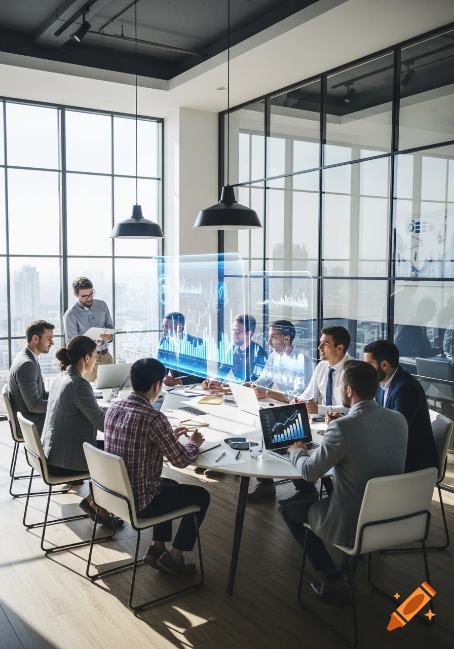 Business professionals in a modern conference room discussing data displayed on holographic screens and laptops, with a city view outside.