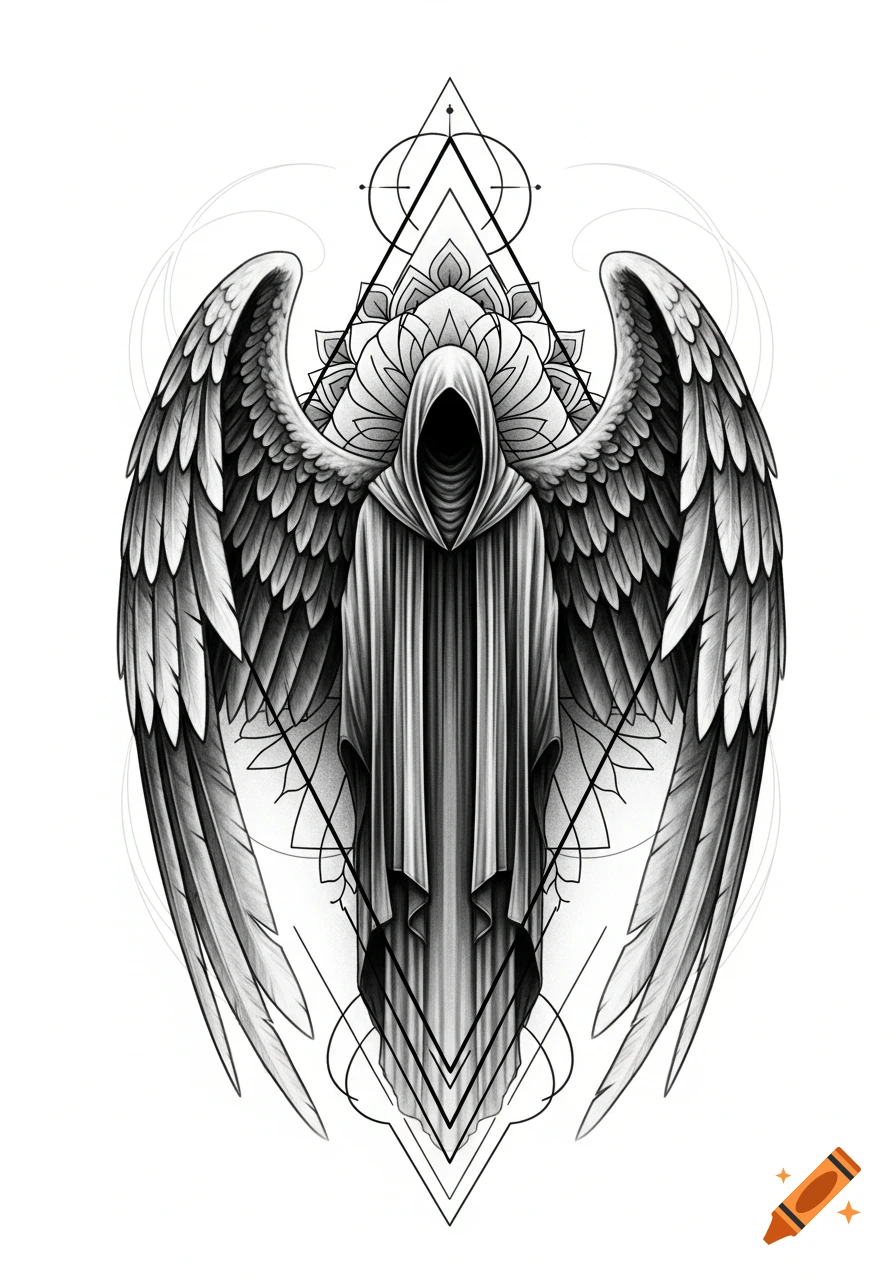 Monochrome illustration of a robed, hooded figure with large feathered wings framed by geometric shapes and mandala patterns.