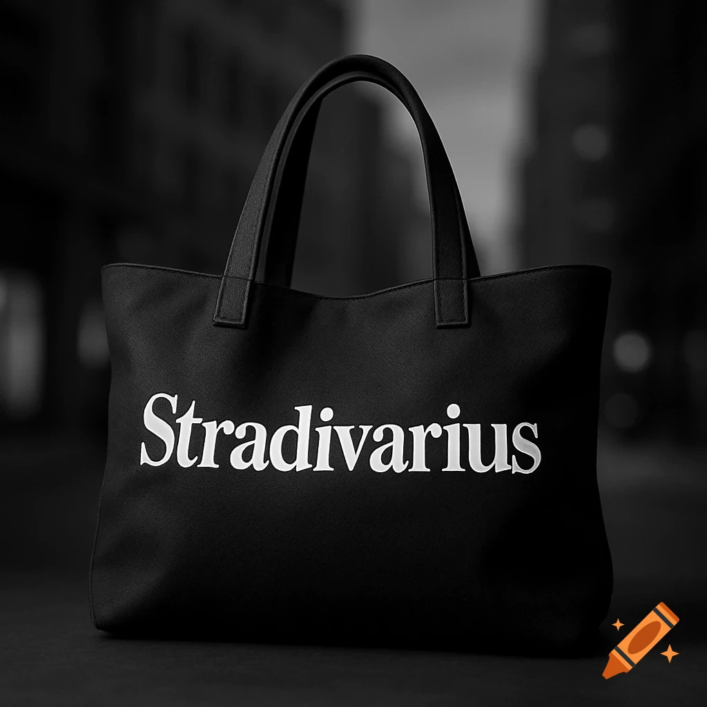 A black tote bag featuring the brand name "Stradivarius" in large white serif font across the front, set against a dark, blurred background.