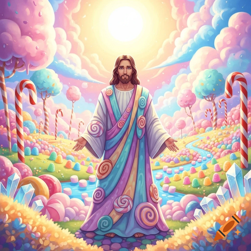Jesus in a vibrant, whimsical Candyland landscape with candy canes, colorful sweets, and marshmallow river, arms outstretched under a bright sun.