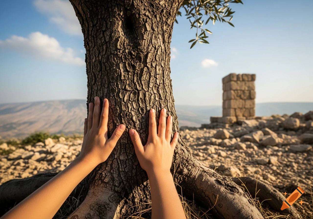 Hands on a textured tree trunk in a rocky landscape with an ancient stone structure under a blue sky.
