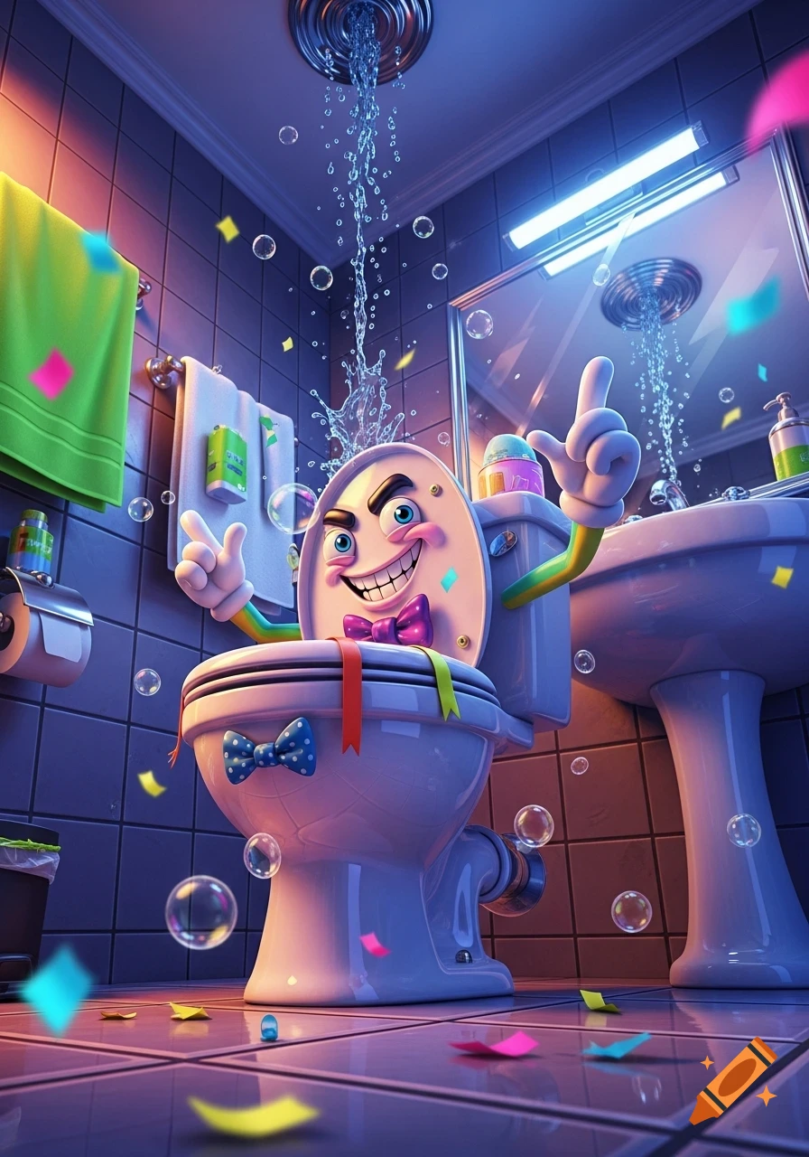 A cartoon toilet character with a smiling face, arms, and bow ties, celebrating in a vibrant bathroom with splashing water, bubbles, and confetti.