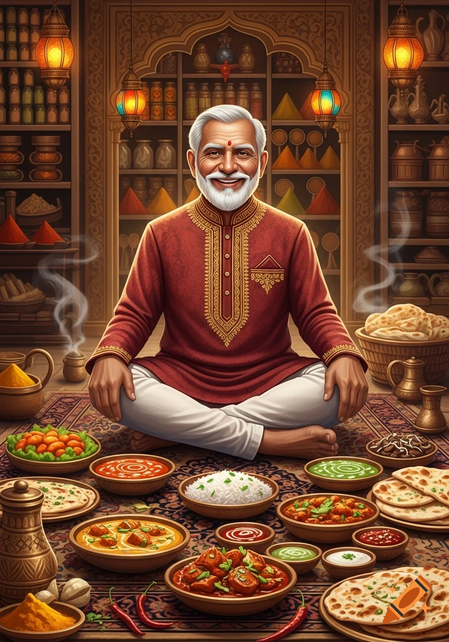 A smiling elderly Indian man sits cross-legged on a patterned rug, surrounded by bowls of vibrant Indian dishes in a spice-filled room.