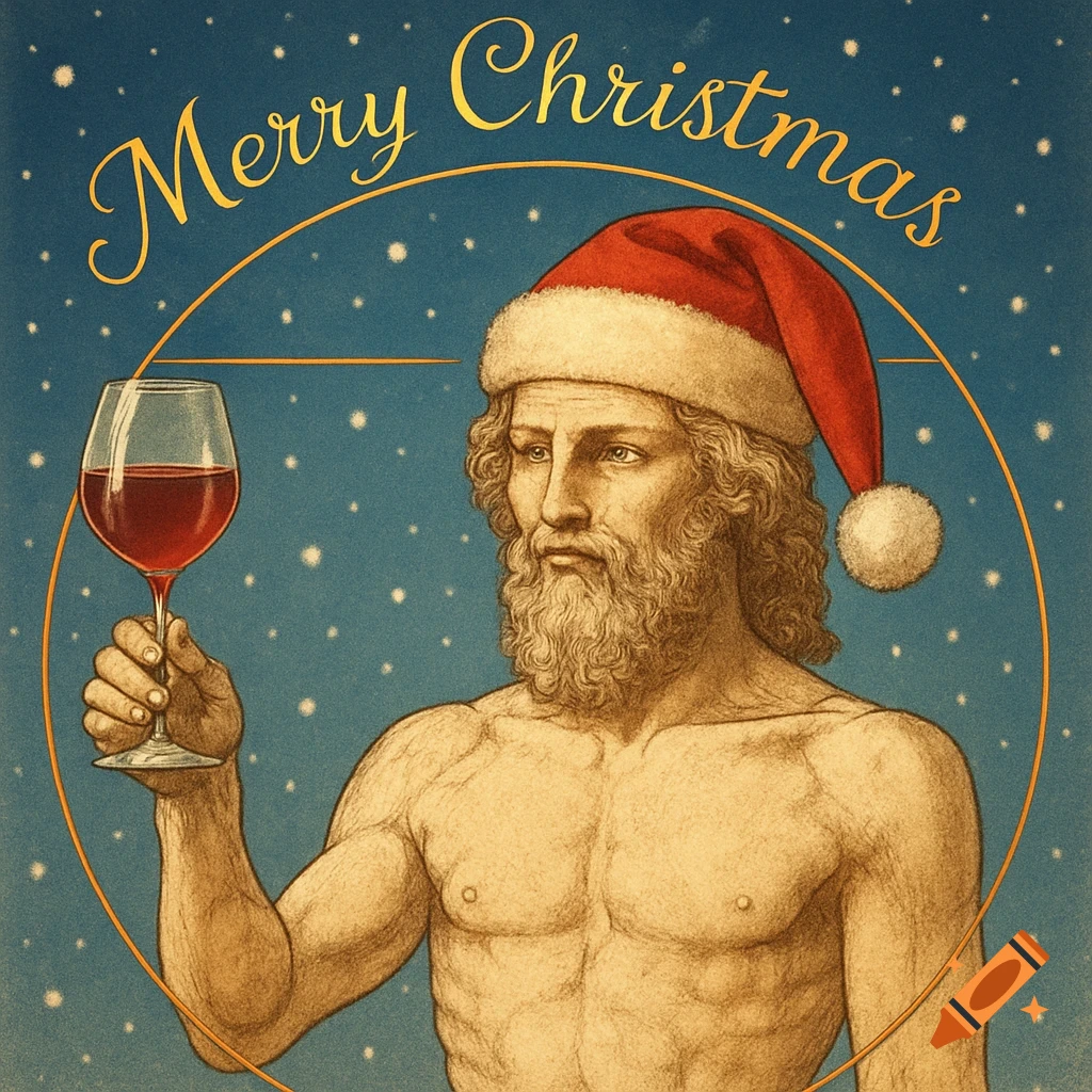 A shirtless Vitruvian man-like figure wearing a Santa hat, holding a wine glass, with 'Merry Christmas' text and snowflakes on a blue background.
