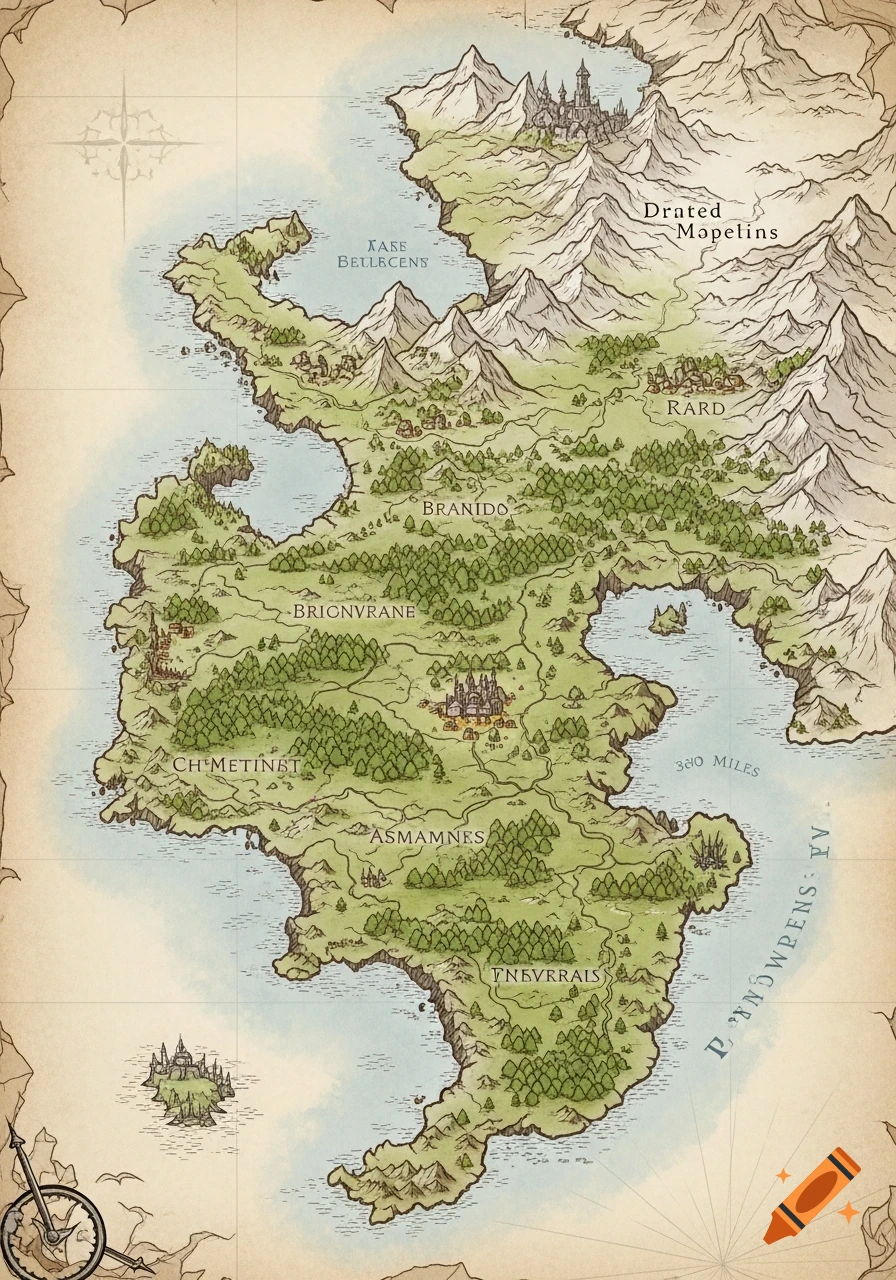 A detailed, hand-drawn fantasy world map in classic D&D style, featuring continents, mountains, forests, and settlements.
