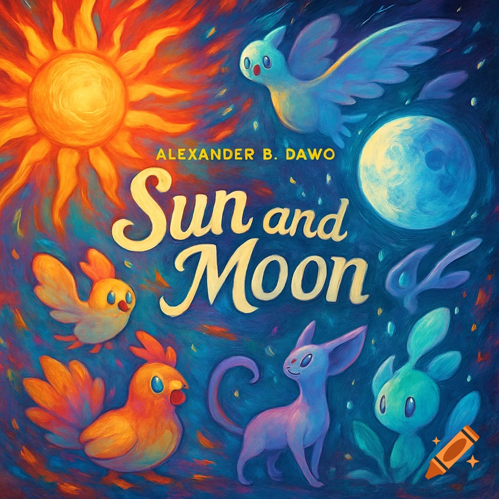 Painterly 'Sun and Moon' album cover featuring a sun, moon, and six stylized Pokémon-like creatures, by Alexander B. Dawo.