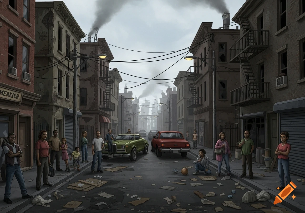 Illustration of a gritty urban street scene with diverse people, dilapidated buildings, cars, and trash, under a smoky sky.