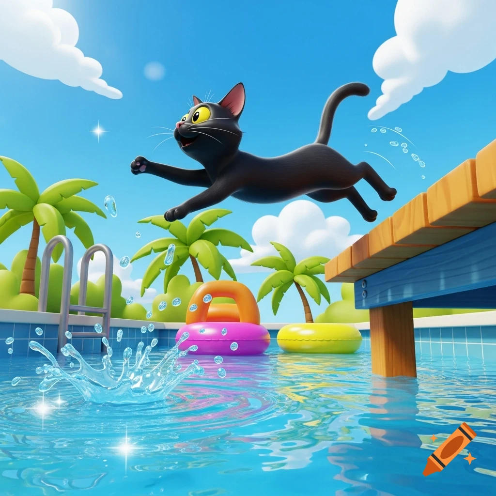 Cartoon black cat with yellow eyes leaping from a wooden dock into a blue swimming pool, creating a splash. Palm trees and inflatable rings in background.