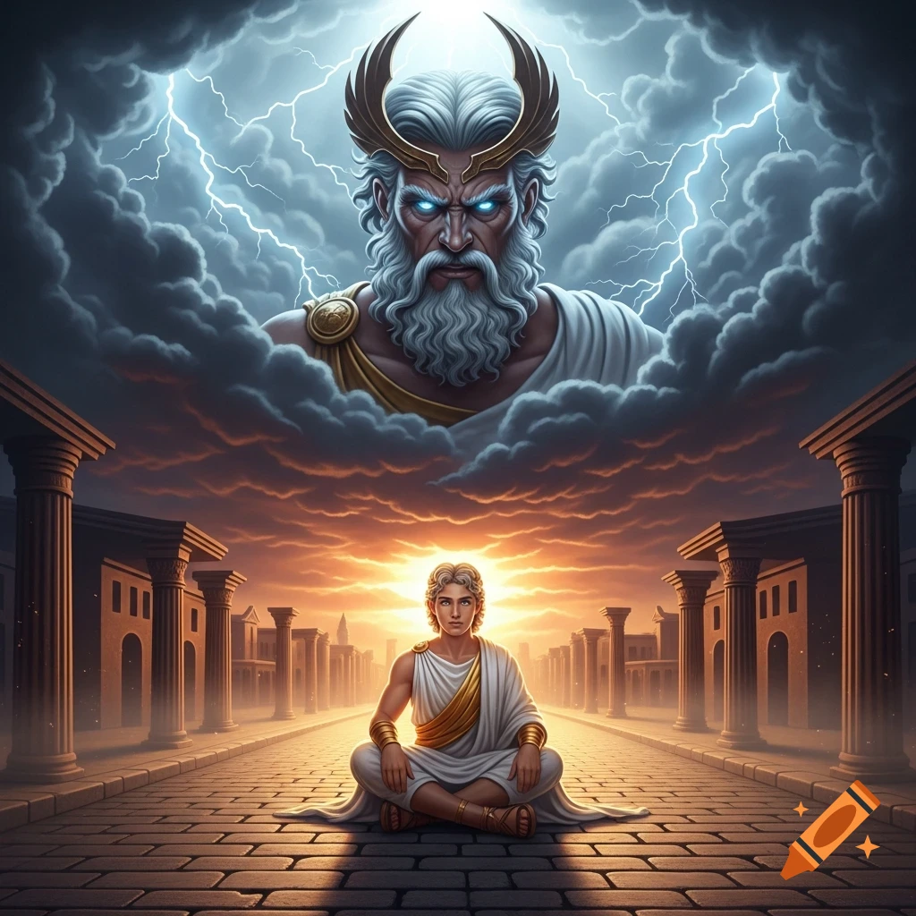 A young man sits meditating in an ancient street at sunset, while a stern, bearded god with glowing eyes appears in stormy clouds above.