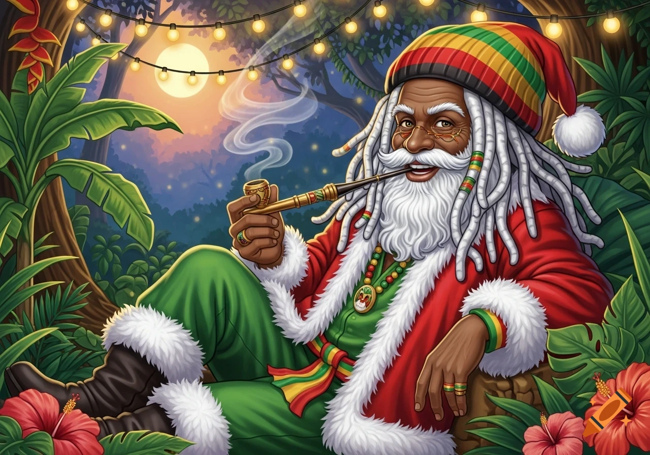 Funky Rasta Santa Vibrant illustration of a Rastafarian Santa with dreadlocks, reclining ...