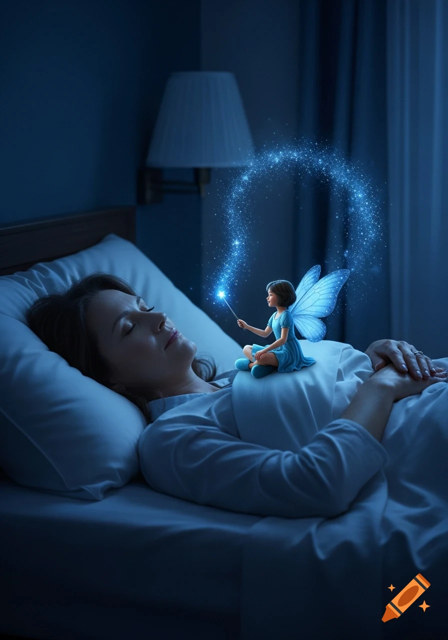 A sleeping woman in bed with a tiny blue fairy sitting on her chest, casting a magical light with its wand in a dark room.