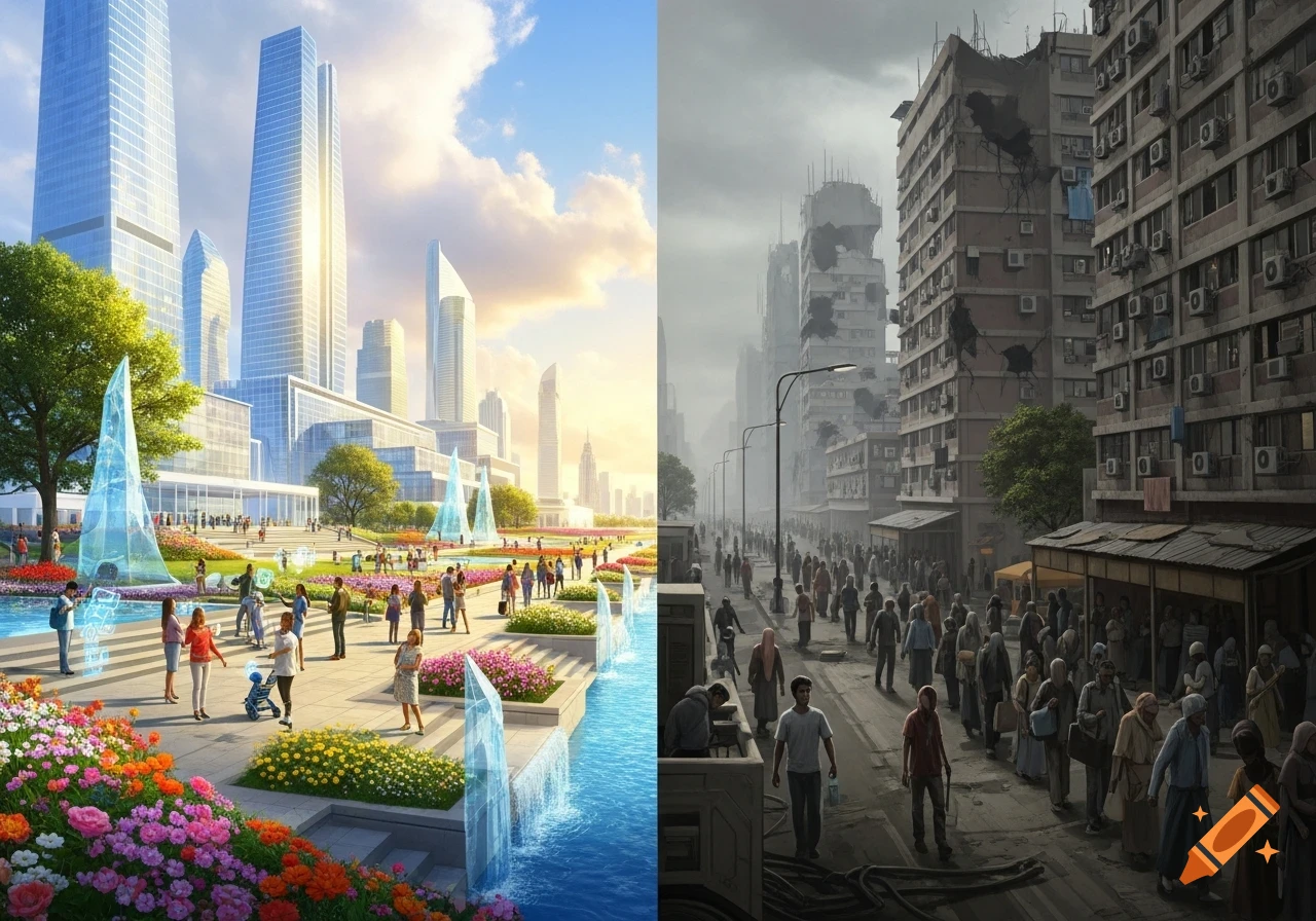 A split screen showing a vibrant, futuristic city with parks and tall buildings on the left, contrasting with a dilapidated, crowded urban street on the right under a gloomy sky.