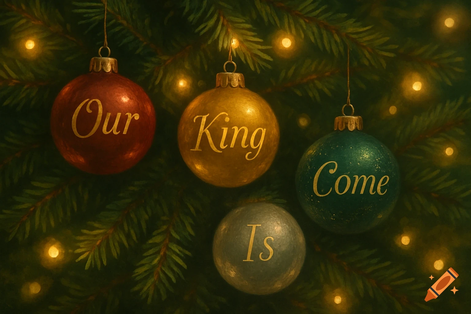 Four red, gold, silver, and green Christmas ornaments, inscribed with 'Our King Is Come', hang on a festive tree with glowing lights.
