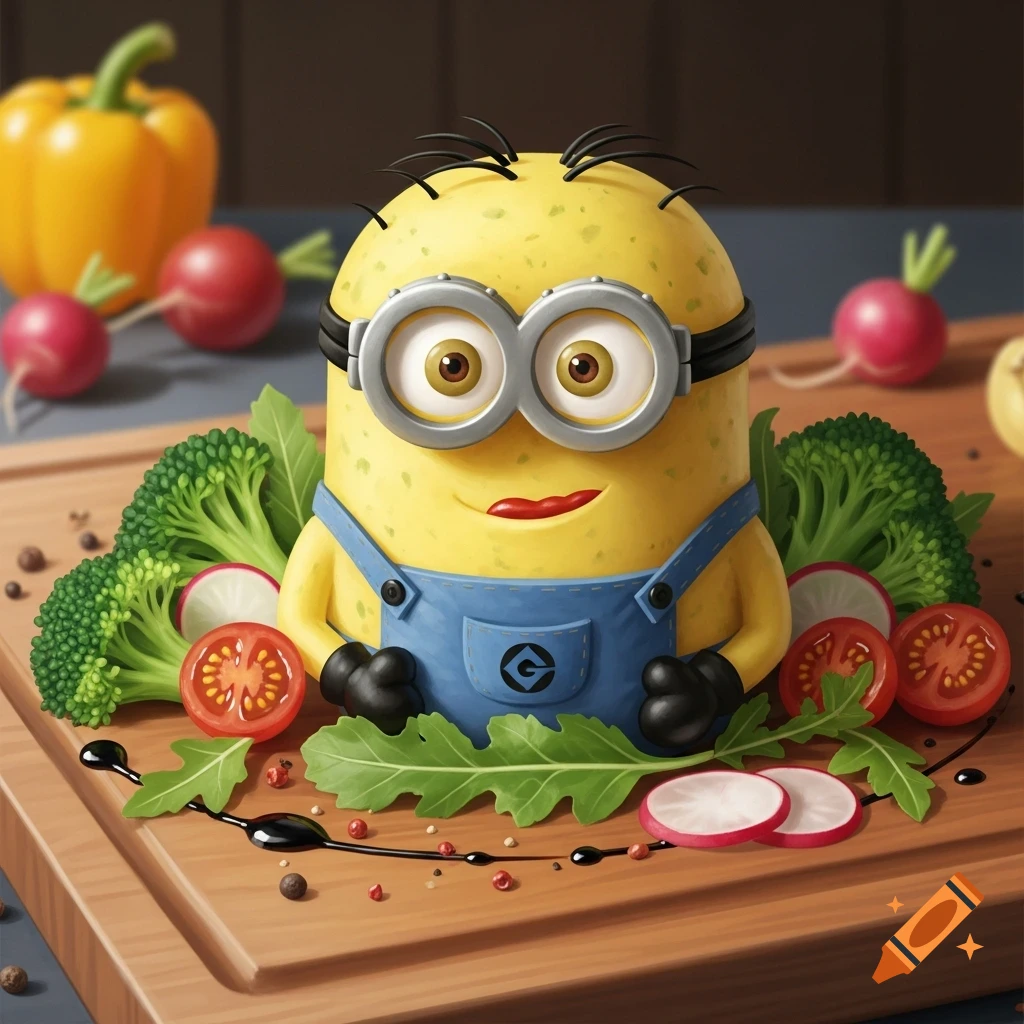 A Minion character made from a vegetable, served as a salad with broccoli, tomatoes, radishes, and arugula on a cutting board.
