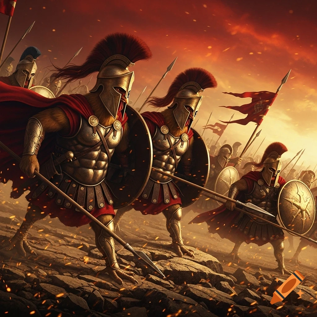 Hyperrealistic image of an army of anthropomorphic chickens dressed as Spartan warriors, marching on a rocky battlefield under a fiery red sky.