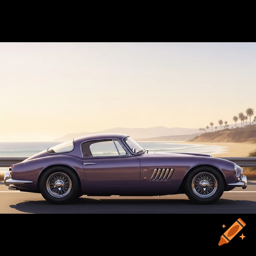 A side view of a violet old sports car on a coastal road with an ocean and palm trees under a light sky.