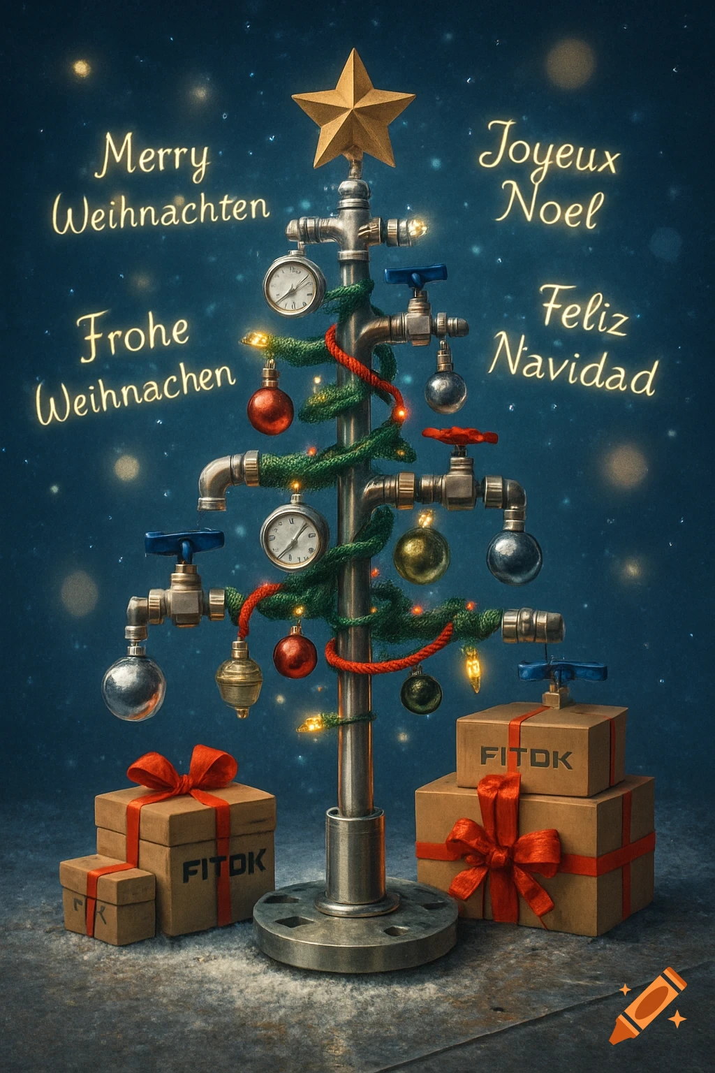 A Christmas tree made from metal pipes and valves, decorated with festive ornaments, lights, and a golden star, with holiday greetings in multiple languages floating around it. Gift boxes labeled FITOK are at the base.