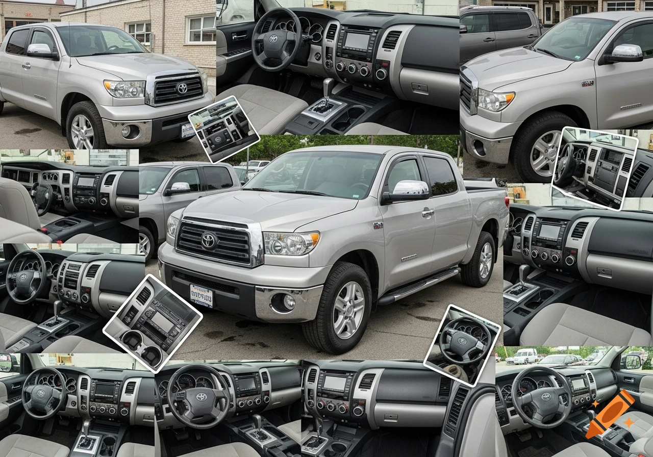 A busy collage of silver 2009 Toyota Tundra Crewmax pickup truck details, showing various exterior and interior views from an auto detailing session.