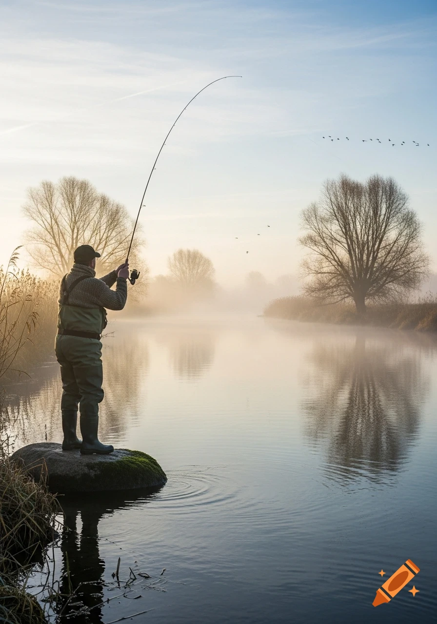 A man fishes in a misty river at sunrise, surrounded by bare trees with birds flying overhead.
