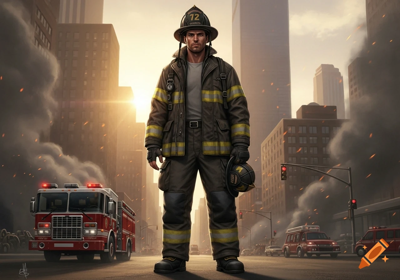 A stoic firefighter in uniform stands heroically in a smoke-filled city street with a fire truck and buildings at sunset.