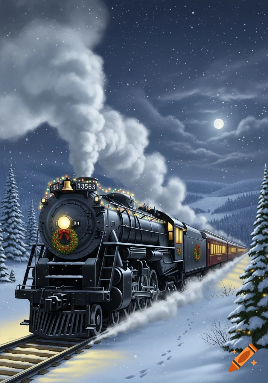 A festive black steam train, adorned with Christmas lights and wreaths, travels through a snowy forest under a starry night sky with a full moon.