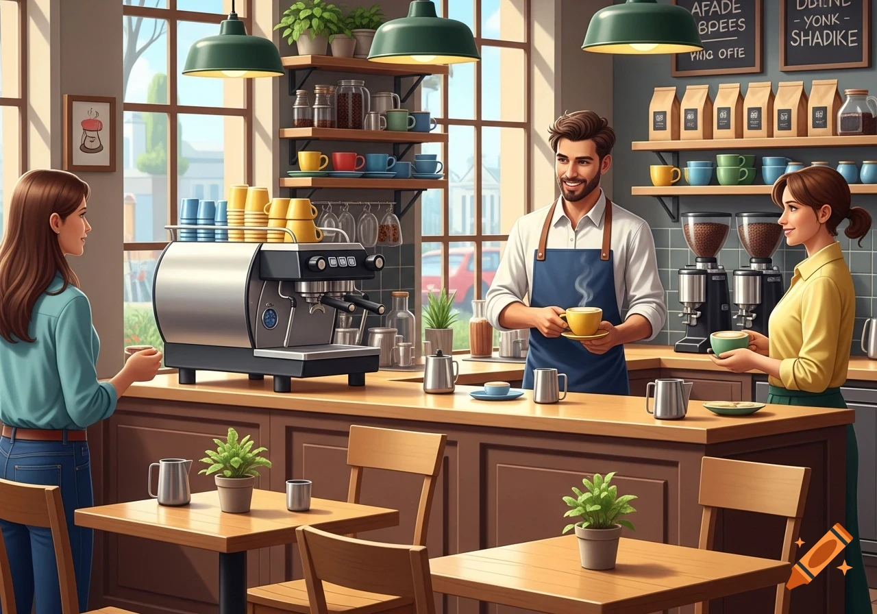 A smiling male barista hands a coffee cup to a female customer in a bright, bustling cafe with another customer waiting.