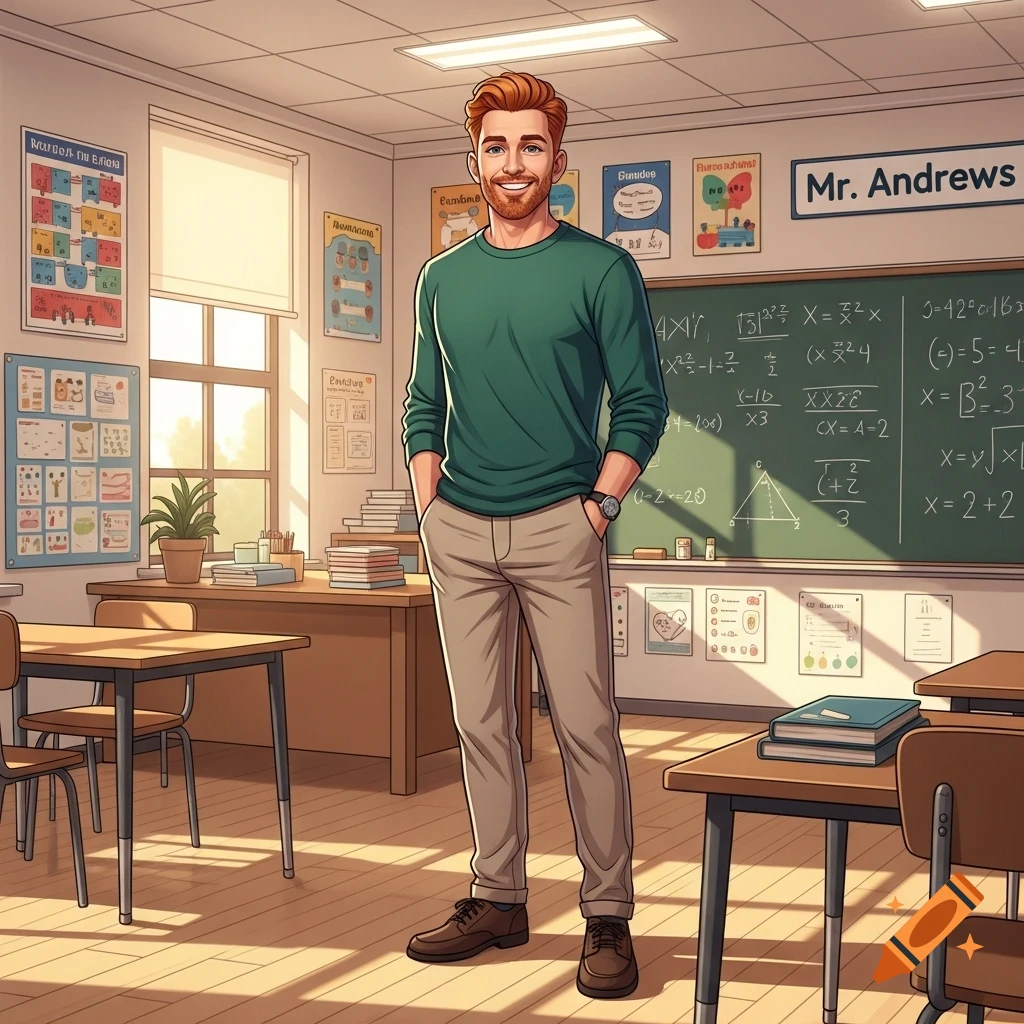 A friendly red-haired man wearing a green long-sleeve shirt and khaki pants stands in a cartoon-style classroom.