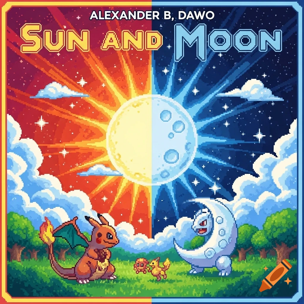 Pixel art album cover titled 'Sun and Moon' by Alexander B, Dawo, featuring a split day/night scene with Charizard and other Pokmon.
