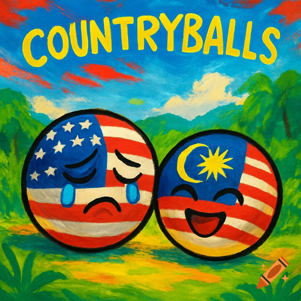 A painterly illustration of a crying US Countryball next to a happy Malaysia Countryball with "COUNTRYBALLS" text above them.