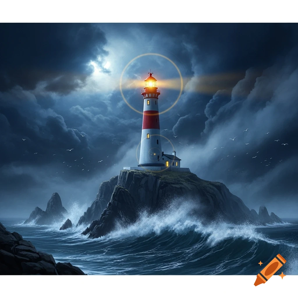 A towering white and red striped lighthouse on a rocky island, illuminating a stormy, dark sea with crashing waves under a dramatic cloudy sky and a bright moon.