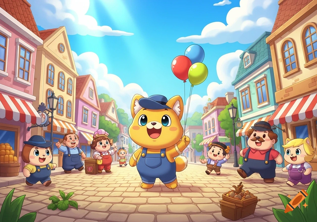A cute cartoon yellow dog-like character in overalls holding balloons stands in a cobblestone street of a colorful town, surrounded by other joyful animal-like characters.