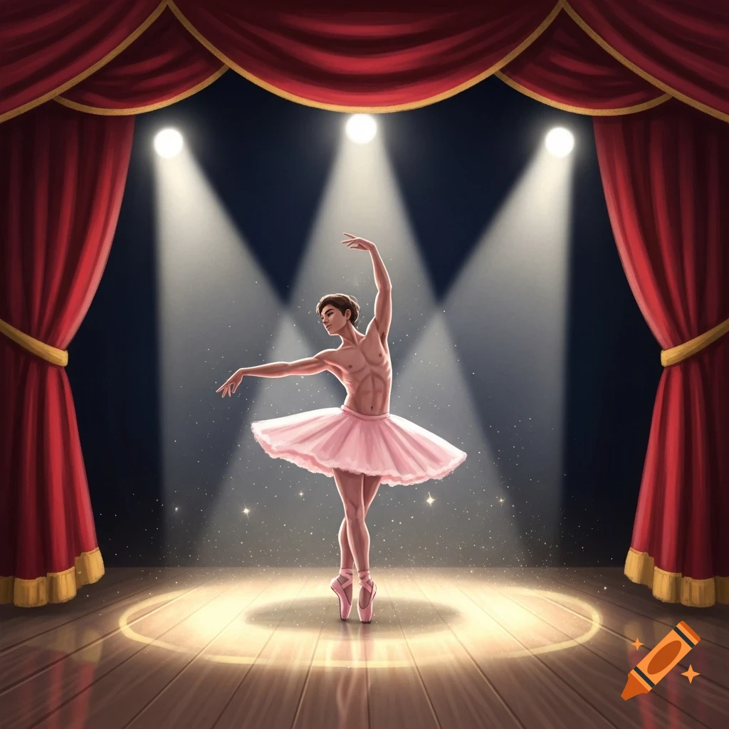 A muscular male ballet dancer in a pink tutu performs en pointe on a spotlighted stage with red curtains. Illustration.