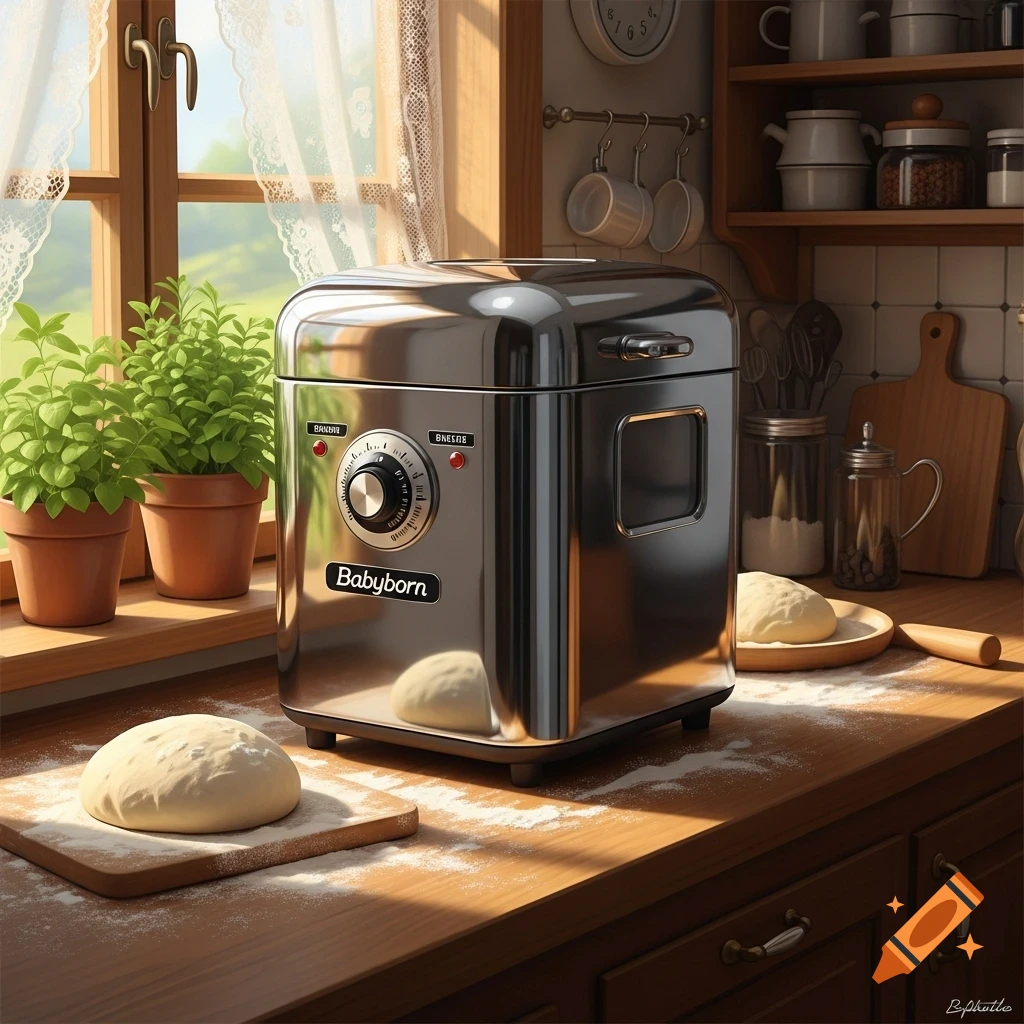 A shiny silver bread machine sits on a wooden counter with two balls of dough, flour dust, and potted plants by a window.