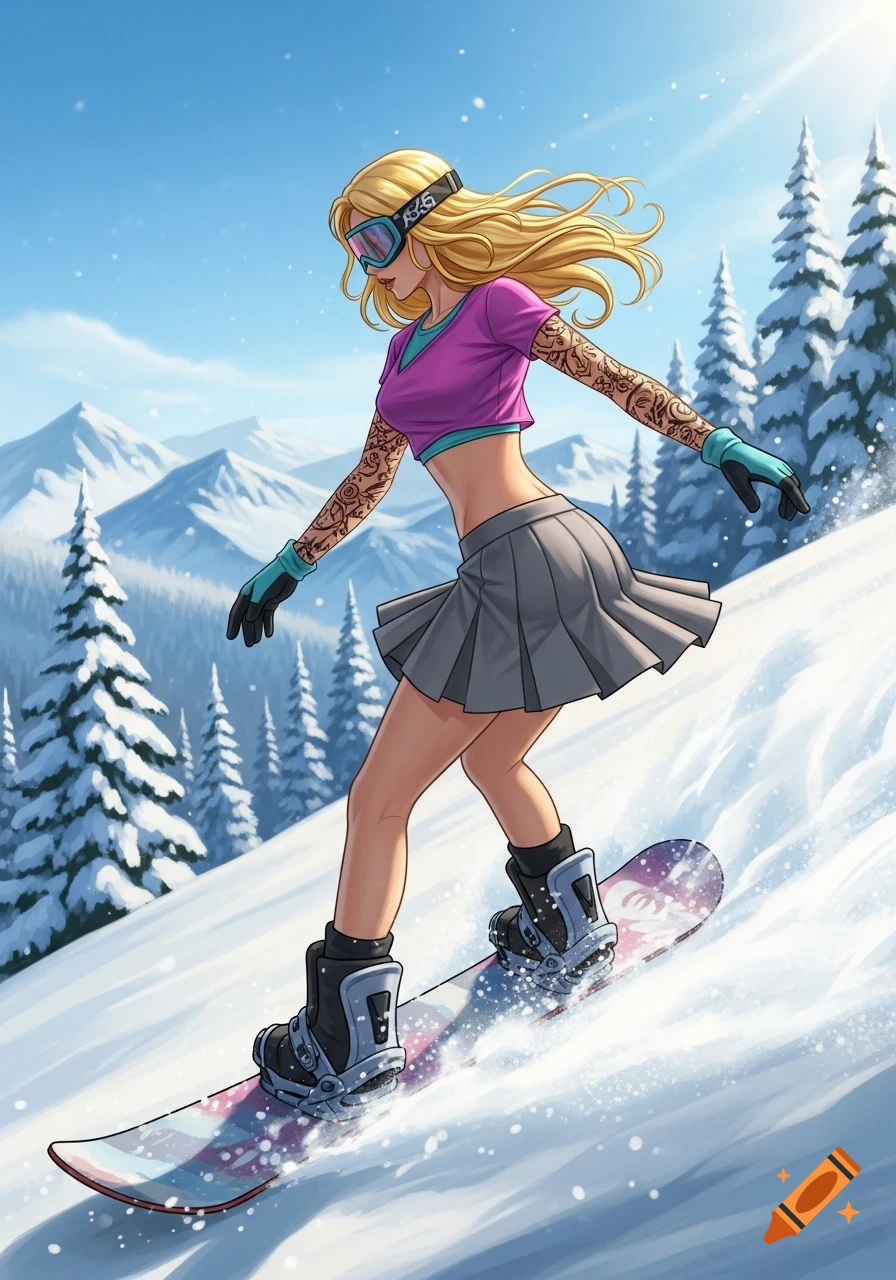 A blonde girl with tattoos, wearing a crop top and a short skirt, snowboards down a snowy mountain with pine trees, in an anime style.
