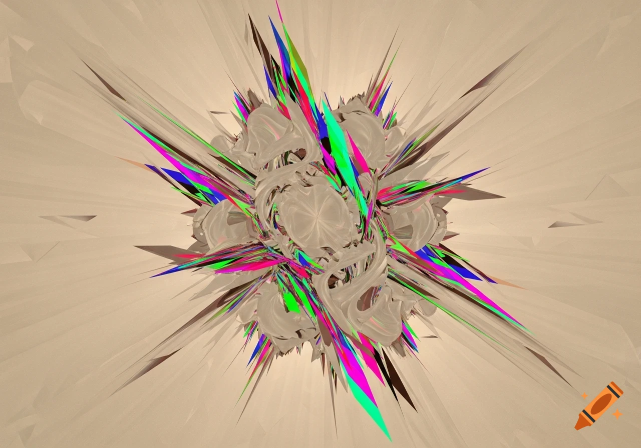 Abstract explosion of beige and neon-colored spikes and swirling forms on a light beige background.