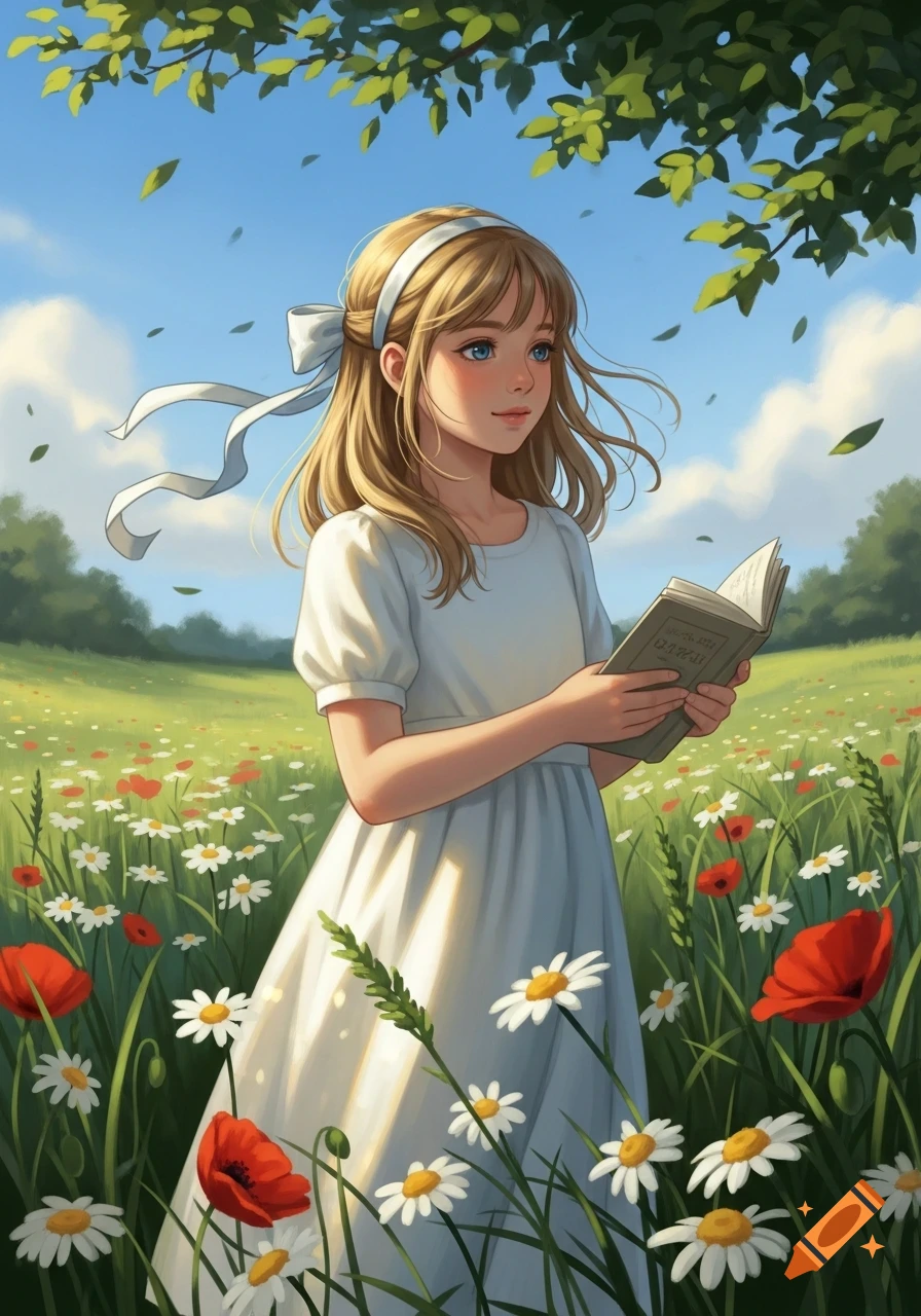 An anime-style girl with blonde hair and a white dress reads a book in a sunny field of red poppies and white daisies under a blue sky.