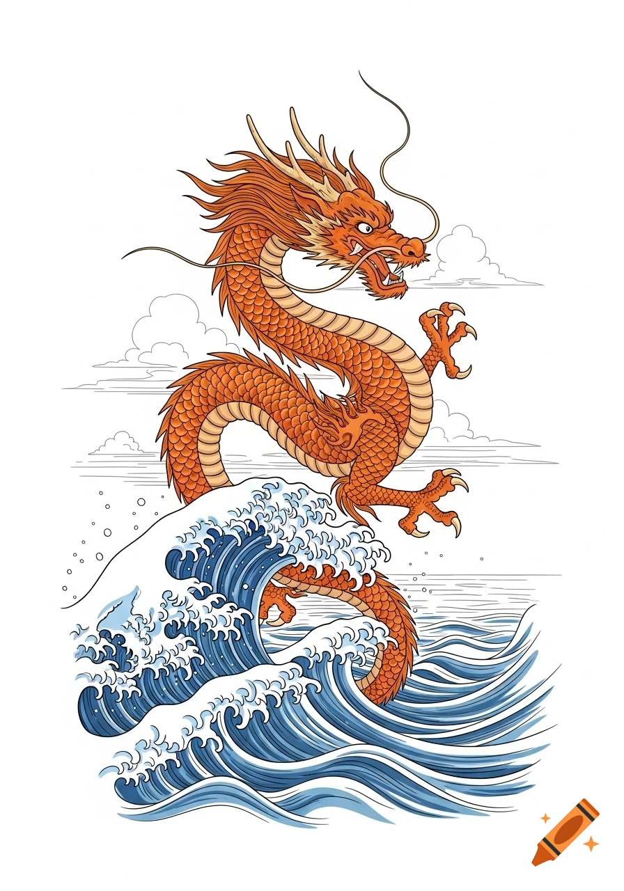 An orange Asian dragon with sharp claws and scales, rising from stylized blue rolling waves in a line drawing style.