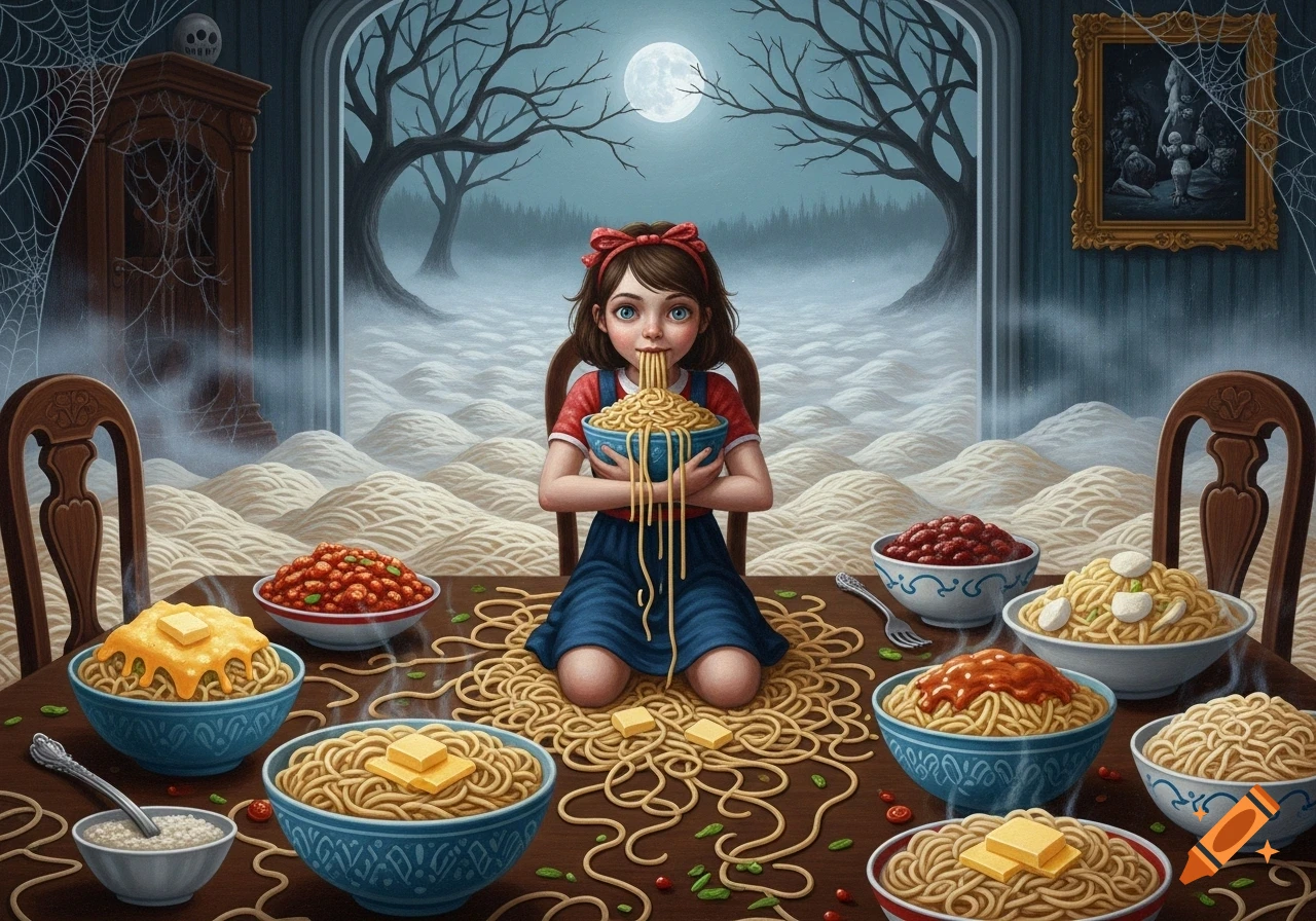 A girl in a spooky, moonlit room kneels at a table, eating a large bowl of spaghetti, surrounded by more spaghetti and bowls of food.