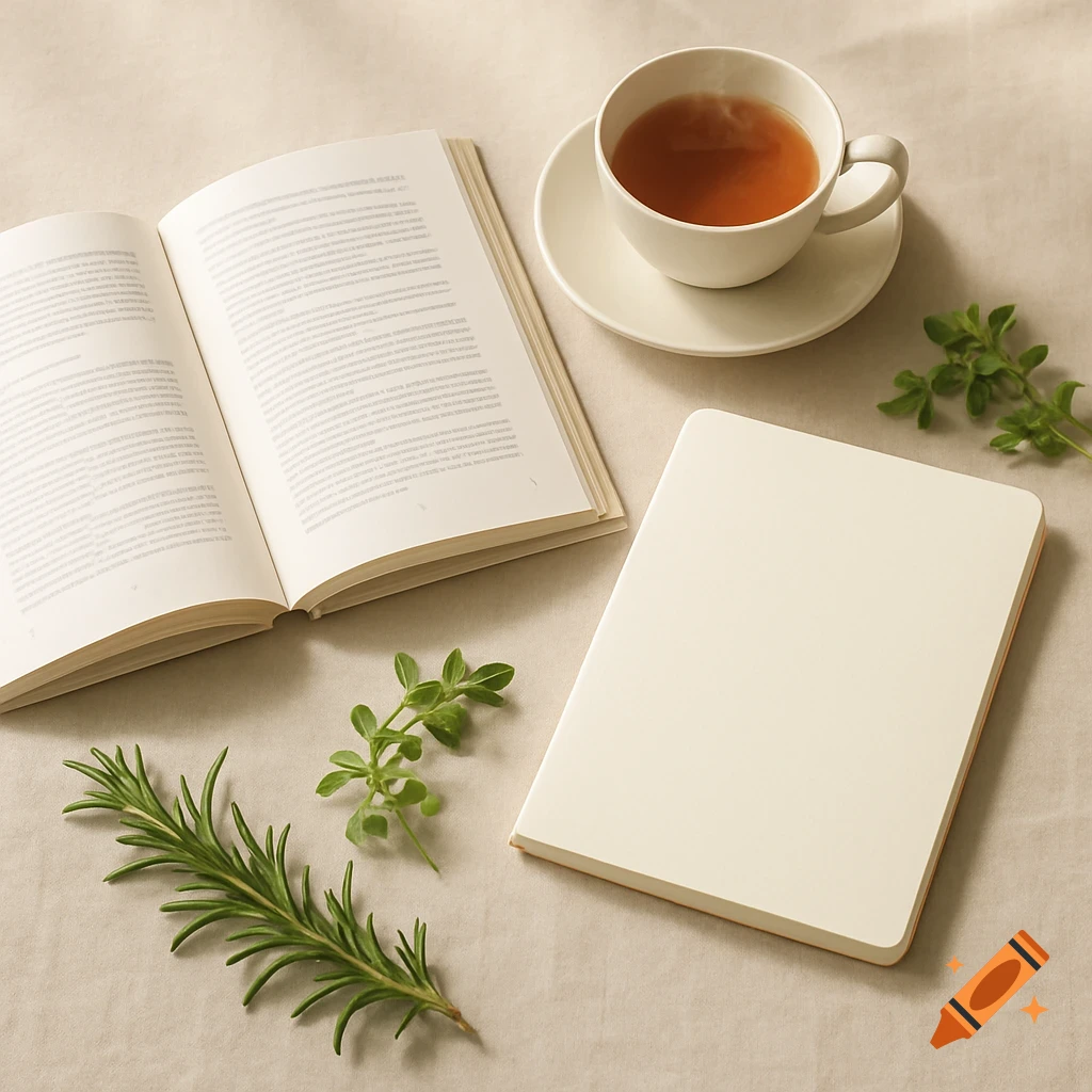 A minimalist flat lay features an open book, a blank notebook, a steaming cup of tea, and fresh rosemary and oregano on a neutral surface.
